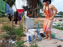 Asiático, Amarrada, Corrida, Pajear, Transexual asiatica, Al aire libre, Transexual, Ducha