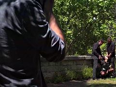 Swallow teen in stockings n heels spanked in public 3some