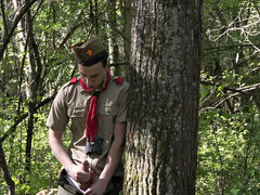 DILF bangs scout's asshole outdoor while voyeur watches