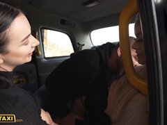 Sasha and her GF treat birthday guy with a wild threesome in Fake Taxi Driver & his GF's POV