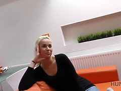 Blonde teen with blonde hair gets paid in cash for a POV blowjob and masturbation