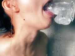 Blowing off my dildo when taking a shower