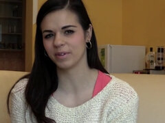 Shy brunette girl gets naked and masturbates at porn interview