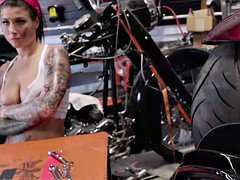 Bad lesbian bikers fucking in shop