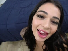 Busty Latina Carolina Cortez gives Tony Profane a blowjob in the bathroom