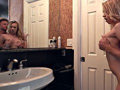 Beautiful blonde girlfriend bangs in bathroom