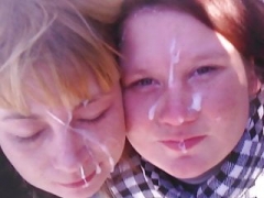 Enthousiasteling, Biseksueel, Sperma shot, Europees, Sperma in gezicht, Handbeurt, Rijpe lesbienne, Russisch