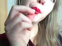 voluptuous ASMR - crimson lipstick Lollypop (Licking and Sucking Noises)