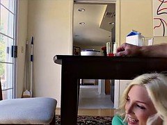 Hot blonde teen blowjobs, foot fuck stranger under table