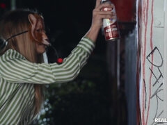 Alina Belle took off the mask for cock sucking