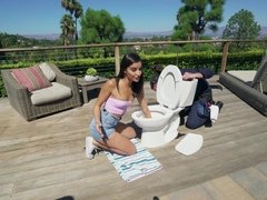 Emily Willis got her pussy stretched in several different positions before receiving a huge load all over her face