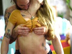 Blonde amateur, blowjob, big tits lactating
