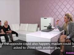Nervous Boyfriend Watches As Hot Blonde Agent Makes His Girlfriend Cum