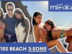 18, 素人, ビーチ, デカパイ, 女 人男 人, ギリシア人, 淫乱熟女, 三人