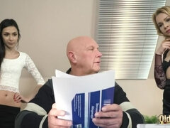 Old manager at the office fucks his two beautiful assistants tight pussy