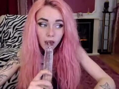 Cute skinnt teen Sarah Pink masturbation on webcam in black stockings