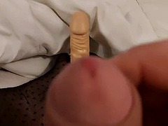 Crossdresser: I give a footjob with a dildo and cum on my stocking leg