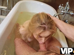 Hot blonde teen gets her tight pussy pounded with a dildo in VIP4K Bath Time Bang