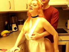 Grosse titten, Blondine, Blasen, Schwanz, Grufti, Hd, Küche, Milf