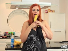 Busty Alexsis Faye housewife in kitchen play with banana and cream