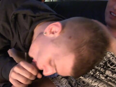 Skinny twinks enjoy a hot threesome in a home cinema