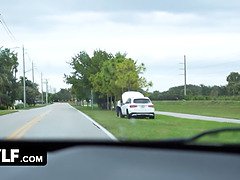 Amerikaans, Rondborstig, Auto, Vingeren, Flashing, Kokhalzen, Geld, Gezichtspunt