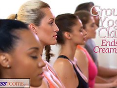 Fitnessrooms sweat-soaked bosom in a room full of yoga beauties