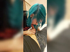 Blue Haired Emo Blowjob In motel room completes In ORAL Creampie.