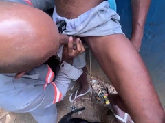 Nasty employees making out in the construction yard.