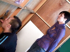 Sucking in the glory hole while girl is watching