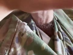 Army specialist jerks off in uniform and leaks precum in his undies