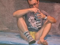 Playing with my cock after college in yellow lingerie and socks covered in cum