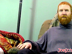 Ginger fledgling with thick facial hair sucked dry by mature homo