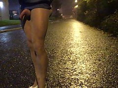 Nighttime public road walk in pantyhose .