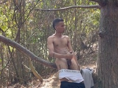 Spied by a curious straight dude while jerking off outdoors led to a wild threesome