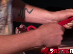 Furry blond Brian takes a rump and beats on his giant swollen cock