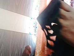 Oiling up my cock and masturbating with neighbours panties and bra
