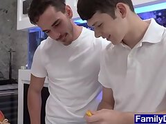 Boys fuck behind their stepdaddy and invite him to join them