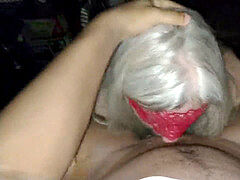 Mature Crossdresser Sucking ebony rod and drinks Cum