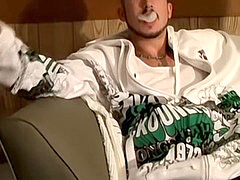 two straight thugs stroke their lengthy schlongs and cum