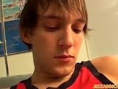 Naughty youngster Andy Kay tugging and nutting all over himself