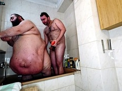 Intense gay foursome action in the showers - bear masturbation, fat bears, and young amateurs getting frisky