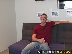 Athletic jock Davey Marks jerks off after an interview