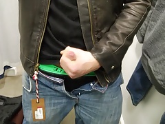 cheeky leather jacket wank in fitting room