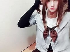 Japanese crossdresser masturbates with schoolgirl cosplay part1