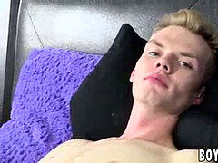 Skinny ash-blonde youngster interviewed before masturbating his fat cock