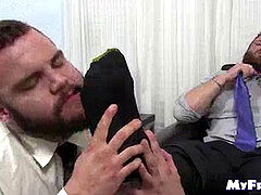bulky teddy strokes off while his gay boss licks his feet