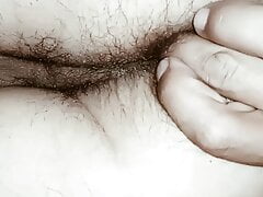 Fat white boy show big hairy ass and fucking big hole for big black dildo in the room.
