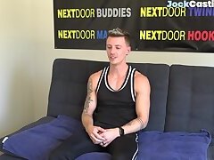 Tattoo casting jock masturbates on couch till cumshot