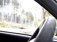 Grandpa is wanking outdoor in his car